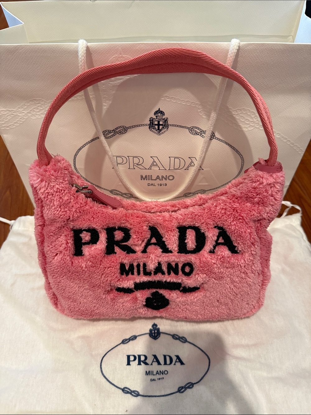 Authentic Prada Re-Edition 2000 Terry Mini Pink Shearling Logo Bag